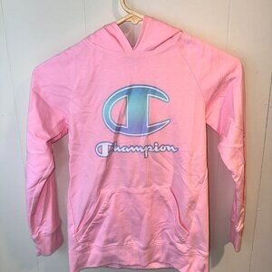 Champion Girls Pink Hoodie Sweatshirt Iridescent Logo - Size M